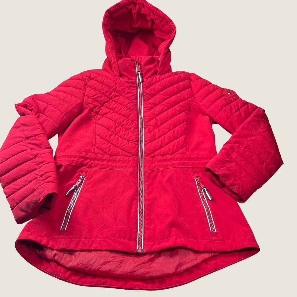 Tommy Hilfiger Womens Small Red Hooded Chevron Quilted Puffer Softshell Jacket